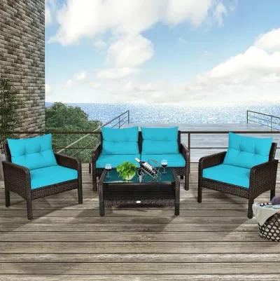 4 Pieces Outdoor Rattan Wicker Loveseat Furniture Set with Cushions