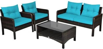 4 Pieces Outdoor Rattan Wicker Loveseat Furniture Set with Cushions