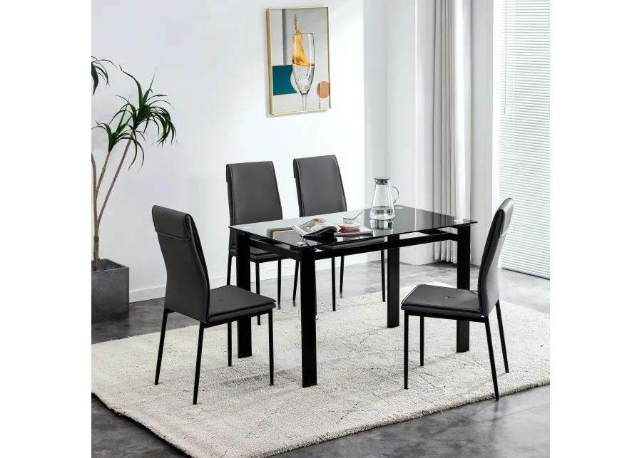 Hivvago Set of 5 4 Seater Tempered Glass Dining Table and Basic Faux Leather Chair Set