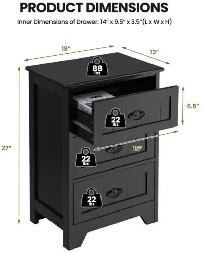 3-Drawer End Storage Wood Side Nightstand