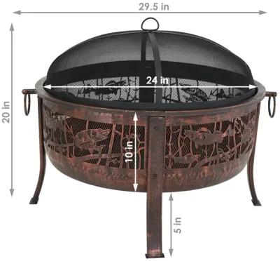 Sunnydaze 30 in Northwoods Fishing Steel Fire Pit with Spark Screen