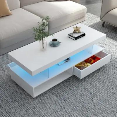 Modern White LED Coffee Table with Storage, 2 Drawers, and Shelves