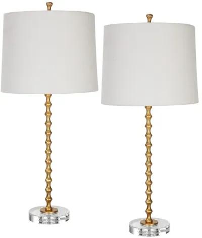 29 Inch Table Lamp, Set of 2, White Tapered Shade, Gold Leaf, Round Base - Benzara