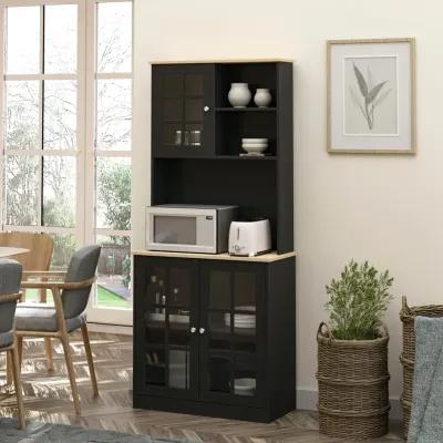 Black Culinary Storage: 72" Kitchen Pantry Cabinet with Glass Doors