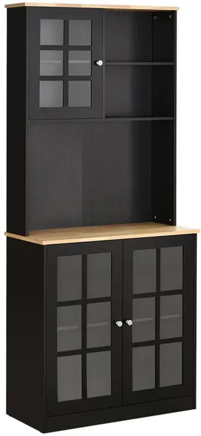 Black Culinary Storage: 72" Kitchen Pantry Cabinet with Glass Doors