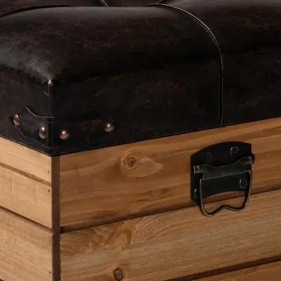 Leather Upholstered and Oak Brown Finished Wood Storage Ottoman