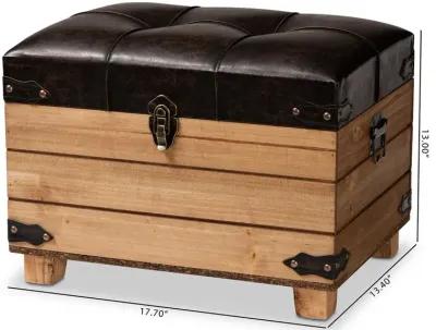 Leather Upholstered and Oak Brown Finished Wood Storage Ottoman