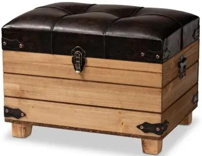 Leather Upholstered and Oak Brown Finished Wood Storage Ottoman