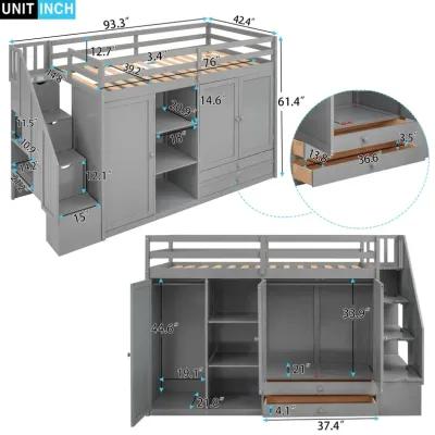 Functional Loft Bed With 3 Shelves, 2 Wardrobes And 2 Drawers, Ladder With Storage