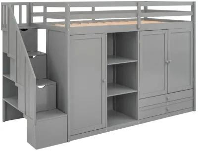 Functional Loft Bed With 3 Shelves, 2 Wardrobes And 2 Drawers, Ladder With Storage