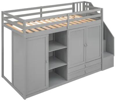 Functional Loft Bed With 3 Shelves, 2 Wardrobes And 2 Drawers, Ladder With Storage