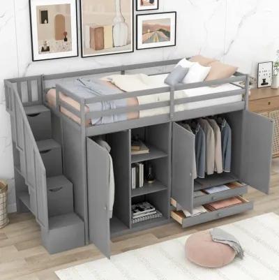 Functional Loft Bed With 3 Shelves, 2 Wardrobes And 2 Drawers, Ladder With Storage