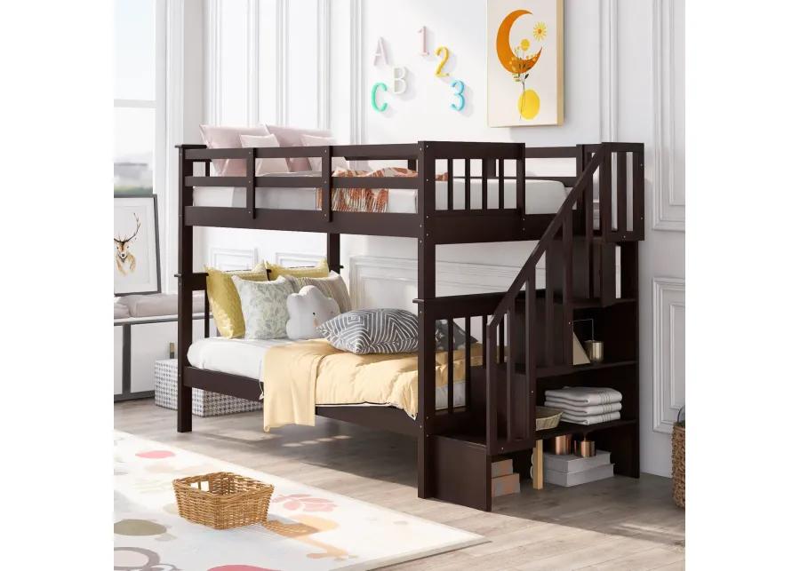 Stairway Twin-Over-Twin Bunk Bed With Storage And Guard Rail For Bedroom, Dorm