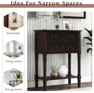 Narrow Console Table, Slim Sofa Table with Three Storage Drawers and Bottom Shelf for Living Room, Easy Assembly (Espresso)