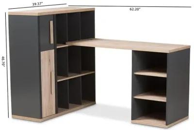 Dark Grey and Light Brown Two-Tone Study Desk with Built-in Shelving Unit