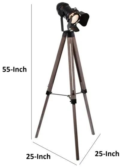 55 Inch Floor Lamp with Tripod Style Wood Frame, Spotlight, Brown and Black - Benzara