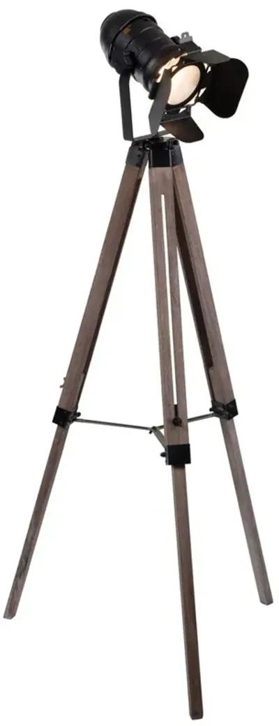 55 Inch Floor Lamp with Tripod Style Wood Frame, Spotlight, Brown and Black - Benzara