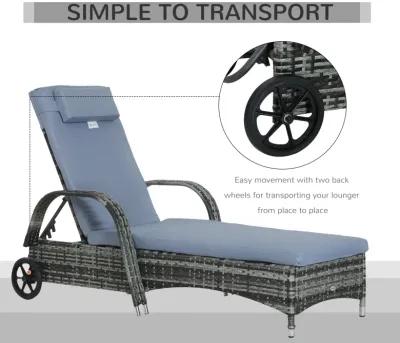 Grey Outdoor Lounger: Wicker Chaise with Adjustable Back and Wheels