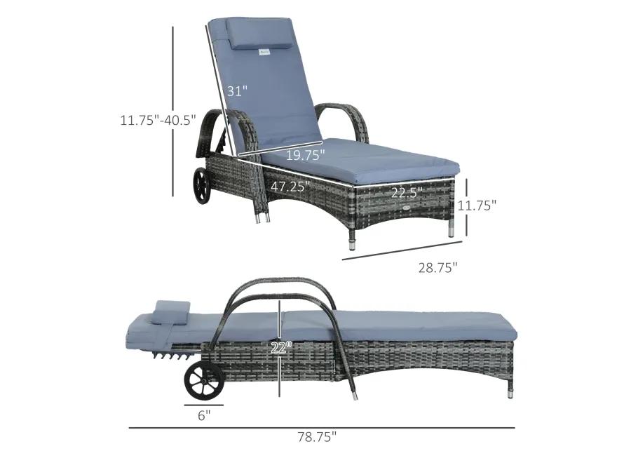 Grey Outdoor Lounger: Wicker Chaise with Adjustable Back and Wheels