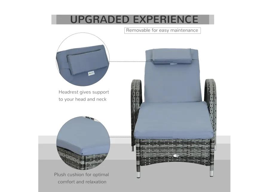 Grey Outdoor Lounger: Wicker Chaise with Adjustable Back and Wheels