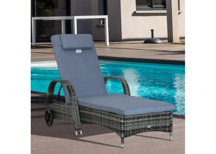 Grey Outdoor Lounger: Wicker Chaise with Adjustable Back and Wheels