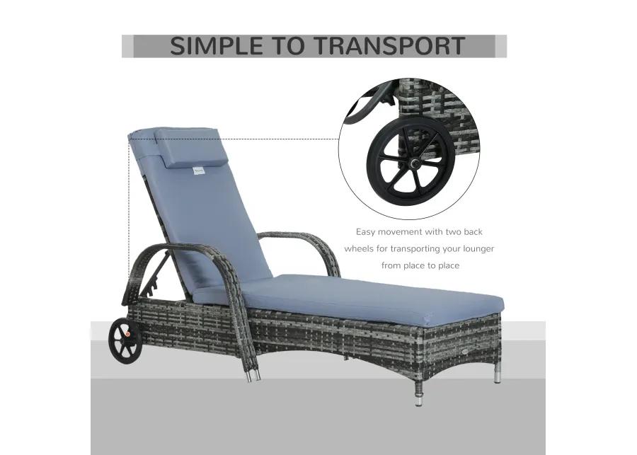 Grey Outdoor Lounger: Wicker Chaise with Adjustable Back and Wheels