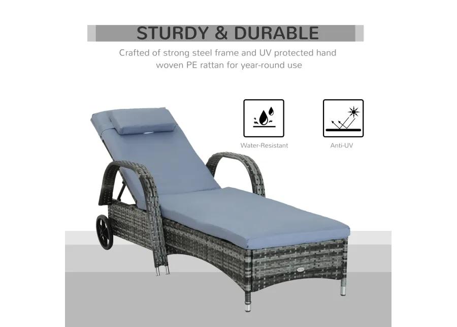 Grey Outdoor Lounger: Wicker Chaise with Adjustable Back and Wheels