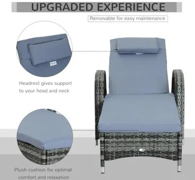 Grey Outdoor Lounger: Wicker Chaise with Adjustable Back and Wheels