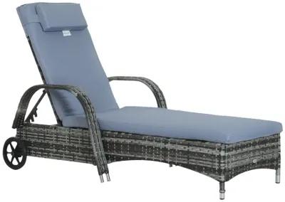 Grey Outdoor Lounger: Wicker Chaise with Adjustable Back and Wheels