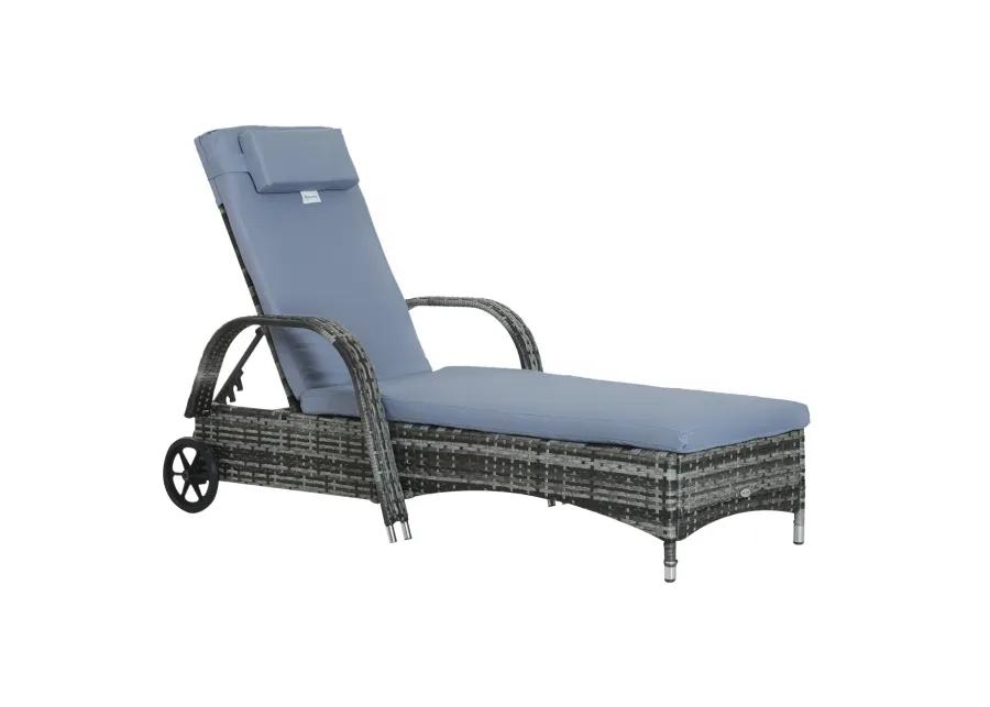 Grey Outdoor Lounger: Wicker Chaise with Adjustable Back and Wheels