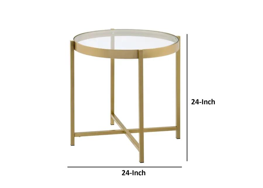 End Table with Round Glass Top and Metal Frame, Gold-Benzara