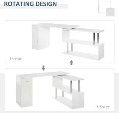 White Corner Workstation: L-Shaped Rotating Desk with Storage