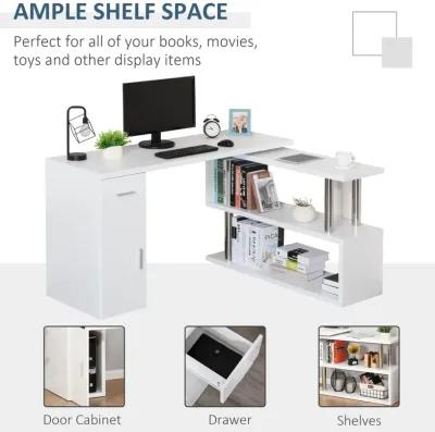 White Corner Workstation: L-Shaped Rotating Desk with Storage