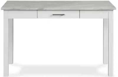 Jay 48 Inch Desk With Drawer and Faux Marble Top, White-Benzara