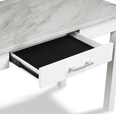 Jay 48 Inch Desk With Drawer and Faux Marble Top, White-Benzara