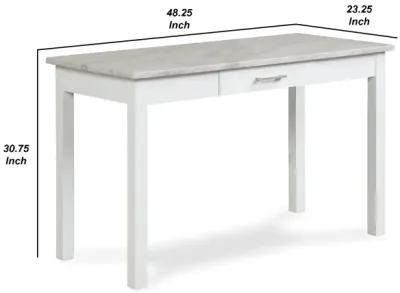 Jay 48 Inch Desk With Drawer and Faux Marble Top, White-Benzara