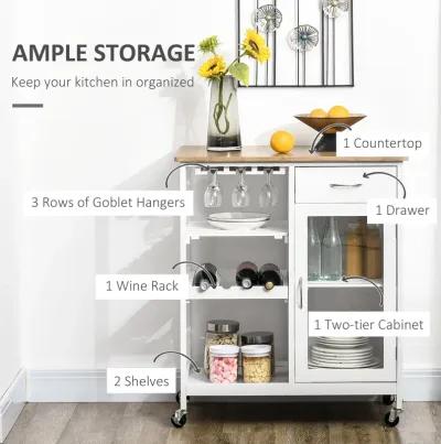 White Kitchen Trolley: Portable Cart with Bamboo-Effect Top