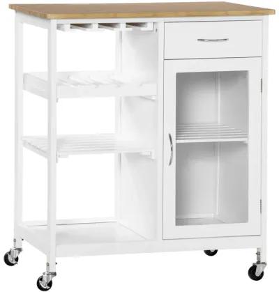 White Kitchen Trolley: Portable Cart with Bamboo-Effect Top