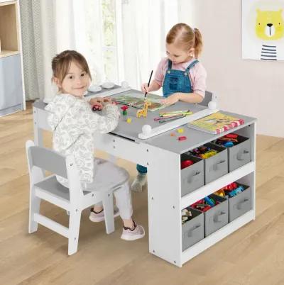 2-in-1 Kids Wooden Art Table and Art Easel Set with Chairs Storage Bins Paper Roll