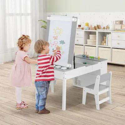 2-in-1 Kids Wooden Art Table and Art Easel Set with Chairs Storage Bins Paper Roll