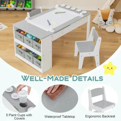 2-in-1 Kids Wooden Art Table and Art Easel Set with Chairs Storage Bins Paper Roll