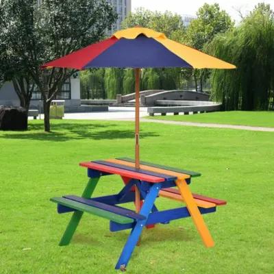 Hivvago Outdoor 4-Seat Kid's Picnic Table Bench with Umbrella