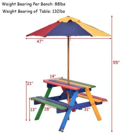 Hivvago Outdoor 4-Seat Kid's Picnic Table Bench with Umbrella