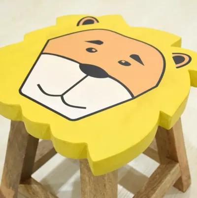 Handmade 100% Mango Wood Kids Yellow Color Lion Shaped Seat Indoor Stool