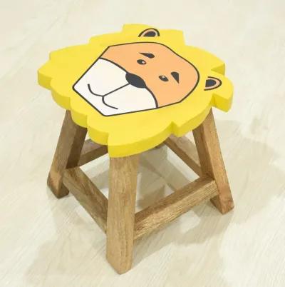 Handmade 100% Mango Wood Kids Yellow Color Lion Shaped Seat Indoor Stool