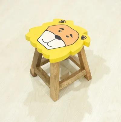 Handmade 100% Mango Wood Kids Yellow Color Lion Shaped Seat Indoor Stool