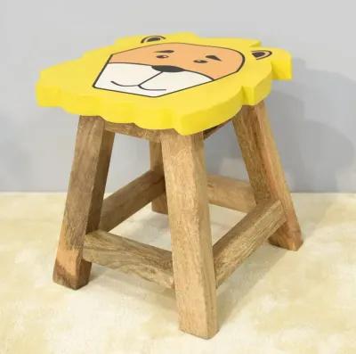 Handmade 100% Mango Wood Kids Yellow Color Lion Shaped Seat Indoor Stool