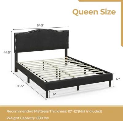 Queen Size Upholstered Bed Frame with Nailhead Trim Headboard-Queen Size