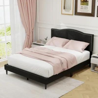 Queen Size Upholstered Bed Frame with Nailhead Trim Headboard-Queen Size