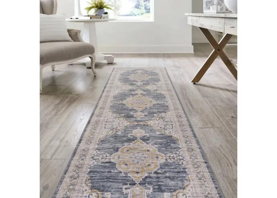 Wincer Chenille Cottage Medallion Machine-Washable Navy/Gray/Black 2 ft. x 8 ft. Runner Rug